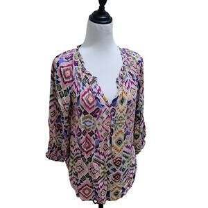 beachlunchlounge Multicolor Ikat V-Neck  Boho Blouse Womens S, Artsy Chic